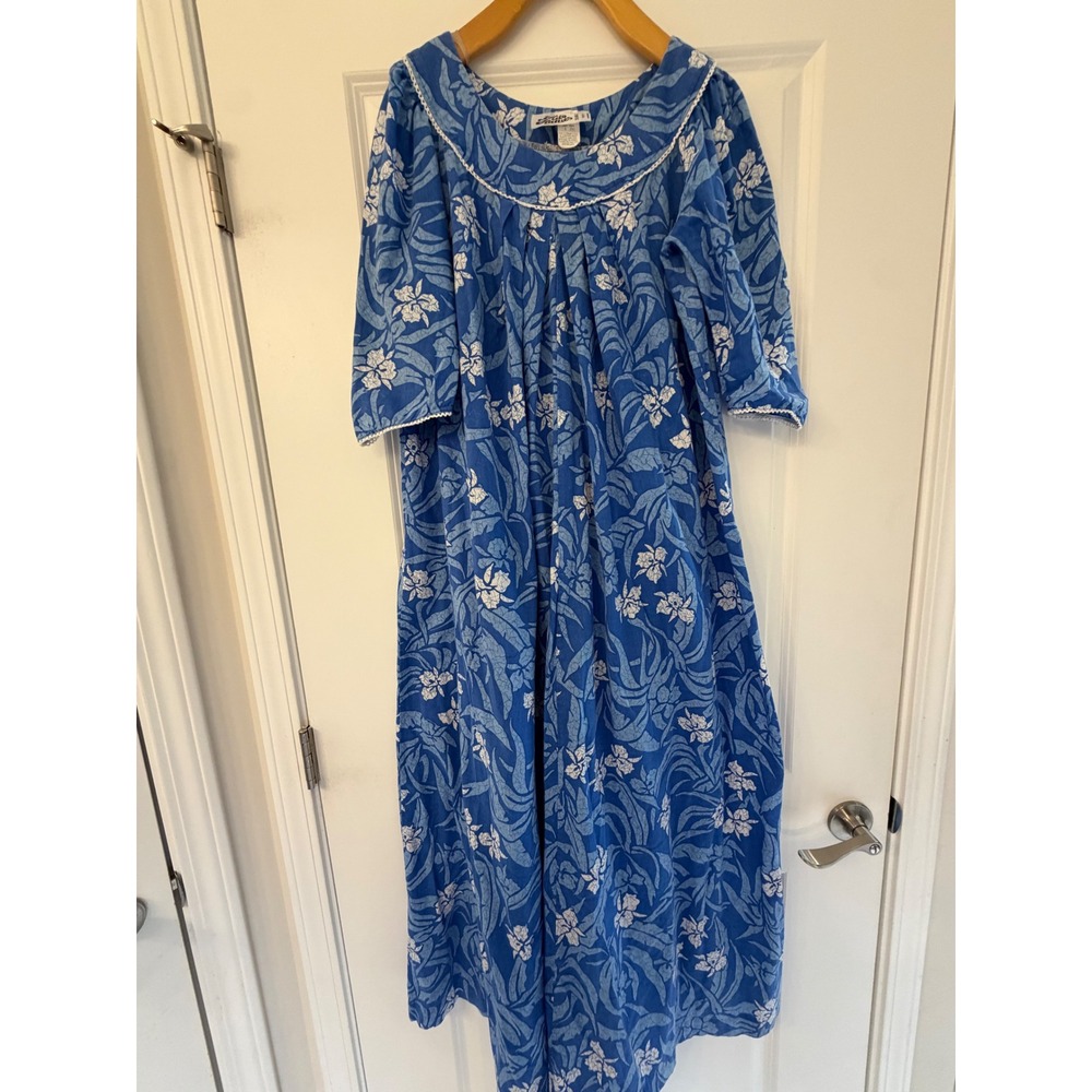 Vintage 80s Hilo Hatties Hawaii Blue Floral Cotton Muumuu‎ Maxi Dress Size S